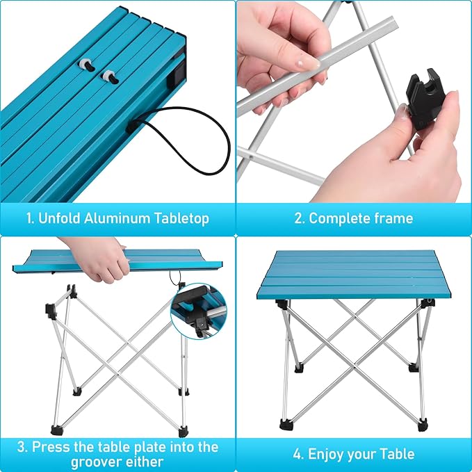 Tesouro Portable Camping TableFolding Side Table Aluminum Top for Outdoor Cooking Hiking Travel Picnic (Blue-Medium)