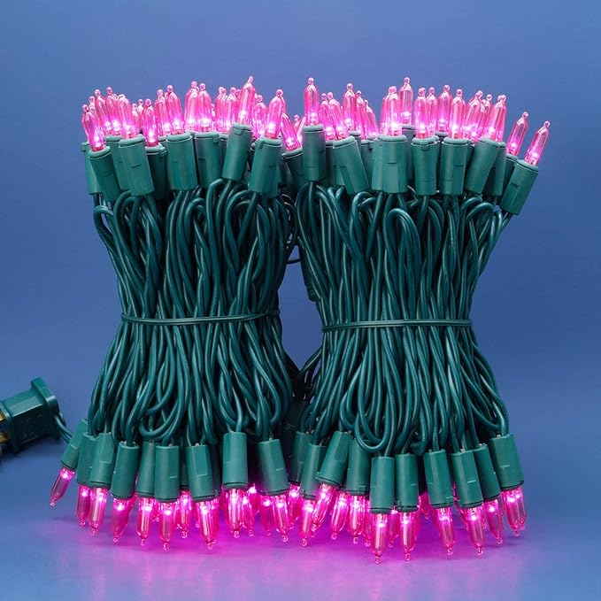 200 Count Pink LED Christmas Lights 66 ft Green Wire UL Certified Commercial Grade Holiday String Light Set (Pink)
