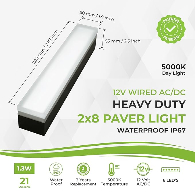 LUMENGY Paver Light 2x8 Inch (1.97x7.87) 5000K Daylight Glare-Free Brick Lighting for Driveways Walkways Pool Decks and Patios 12V Hardwired IP67 Waterproof Drive-Over Rated