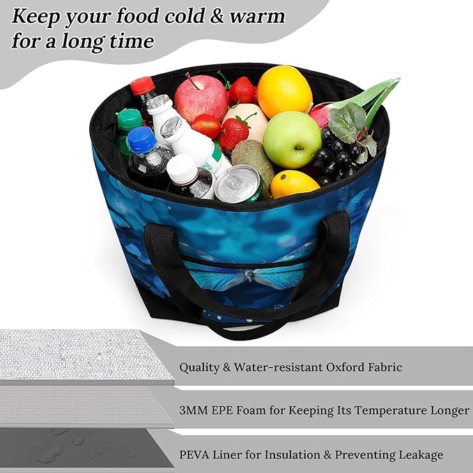 Insulated Shopping BagLarge Reusable Cooler Bags Blue Beautful Butterfly Printed Foldable Shopping BagTravel Waterproof Shoulder Bag
