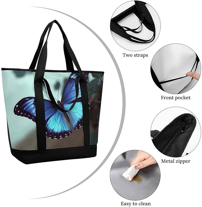 Insulated Shopping BagLarge Reusable Cooler Bags Blue Butterfly Printed Foldable Shopping BagTravel Waterproof Shoulder Bag