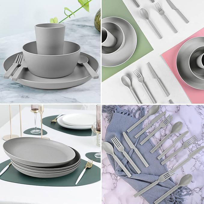 Wheat Straw Dinnerware Sets - 24 pcs Lightweight Bowls Unbreakable Dish Set Dishwasher Microwave Safe Wheat Straw Cups Cutlery Plates and Bowls Set for 4 Suitable for Camping Party Grill（Grey）