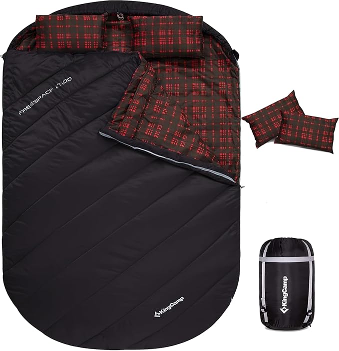 KingCamp Double Sleeping Bag for Adults Queen Size 2 Person XXL Flannel Sleeping Bag Waterproof Lightweight Flannel Quilt with 2 Pillows Perfect for Couples Family Camping Hiking