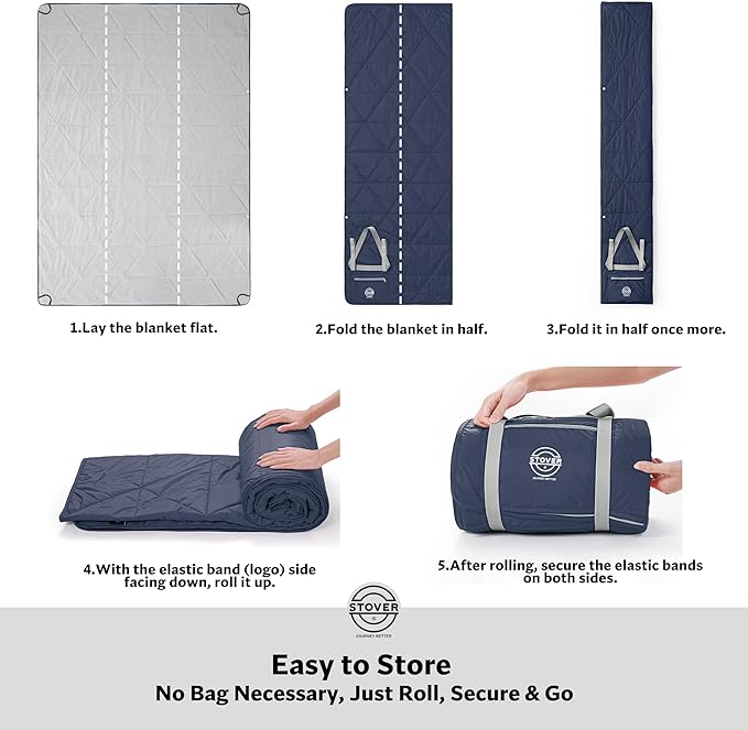 STOVER Large Waterproof Outdoor Stadium Blanket- Extra Thick Soft Fleece Camping Blanket for Travel Picnics Sports Dogs 79x55 Warm Windproof Sand-Proof Lightweight Packable (Alpine Blue)