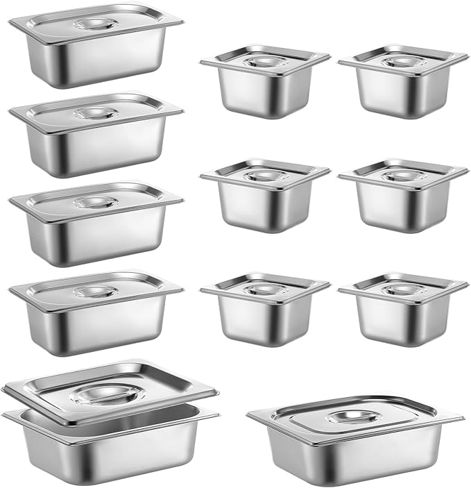 Maxdot 12 Set Stainless Steel Hotel Pan 1/2 1/4 1/6 Size 4 Inch Deep with Lids Stainless Steel Steam Table Pan Commercial Food Pans for Restaurant Catering Salad Bar Party Supplies Metal Steam Tray