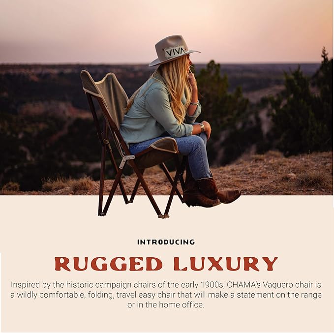 CHAMA Vaquero Chair &amp Travel Bag - Slate and Bone- Beautiful Outdoor Wood and Canvas Portable Folding Chair Ideal for Camping Patios Lawns or Indoor Use - Supports 300 lbs