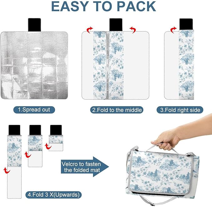 Blue Chinoiserie Toile Chinese Style Waterproof Outdoor Picnic Blanket Sandproof Beach Mat for Camping Hiking Grass Travelling
