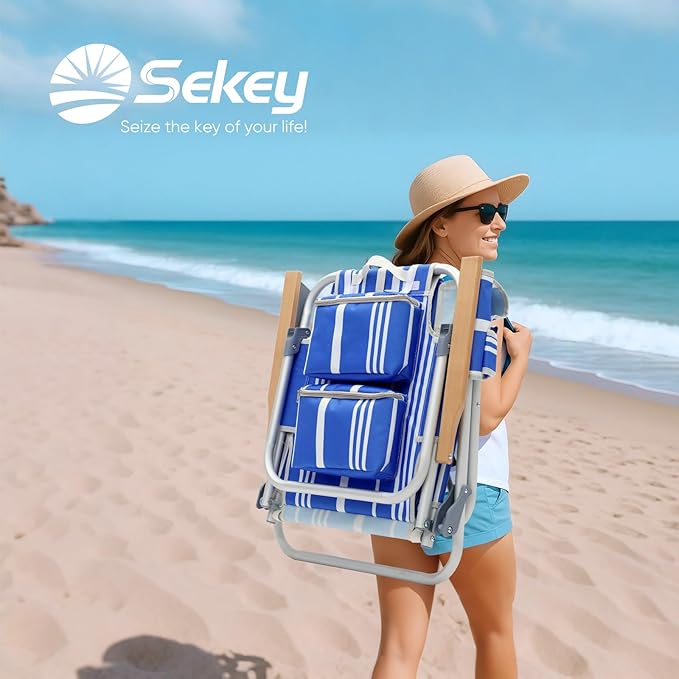 Sekey Aluminum Beach Chair for Adults with 5-Position Classic Lay Flat Lightweight Folding Backpack Beach Chair with 2 Cooler Bag Towel Bar Cup Holder &amp Phone Holder for Outdoor Camping Lawn
