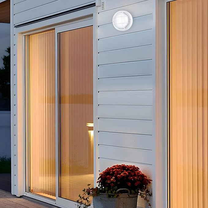 Round Bulkhead Light Fixture Dimmable Outdoor Wall Lantern LED Nautical and Sauna Light 15W 1600 Lumens 5000K White Aluminum with Frosted Glass 1-Pack