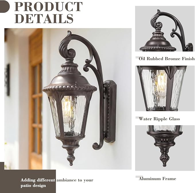 Emliviar 19.7 Outside Wall Sconce Porch Light with Oil Rubbed Bronze Finish Water Ripple Glass Front Door Wall Lighting for Yard XE265B-S ORB-SW