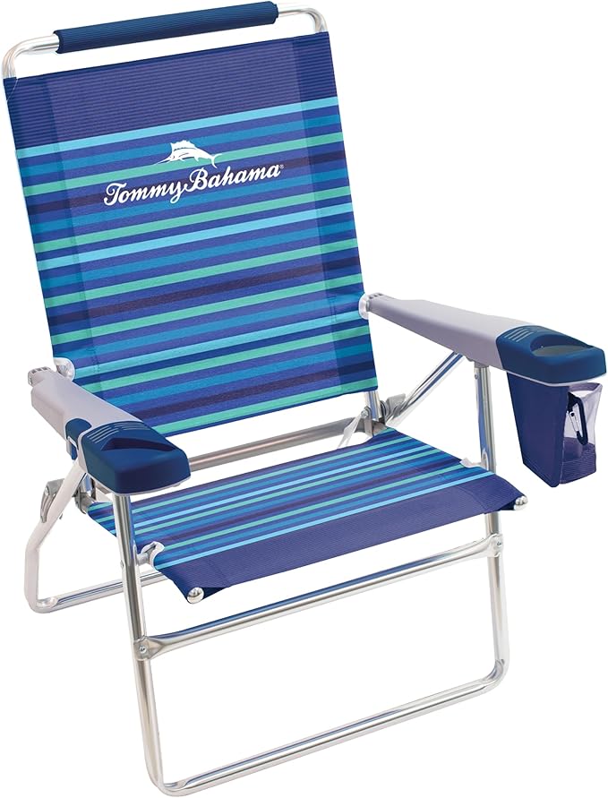 Tommy Bahama Set of 2 Highboy 4 Position Beach Chairs 15 Inch Seat Height with Cupholder Side Storage Pouch and Mobile Phone Holder