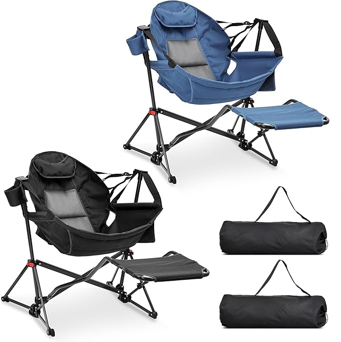 Ainfox Hammock Camping Chair with Footrest Heavy Duty Foldable Portable Rocking Hammock Chairs Outside Swinging Camp with Cup Holder Pillow for Outdoor Patio Poolside Black Dark Blue