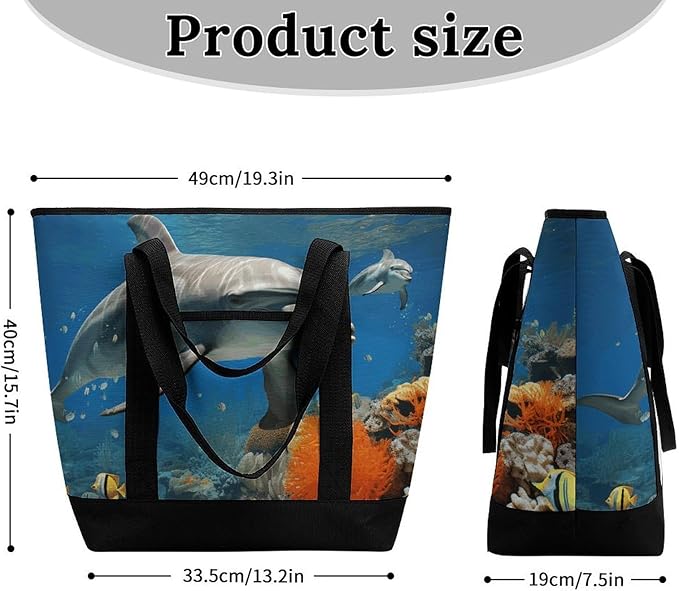 Insulated Shopping BagLarge Reusable Cooler Bags Dolphins Blue Printed Foldable Shopping BagTravel Waterproof Shoulder Bag