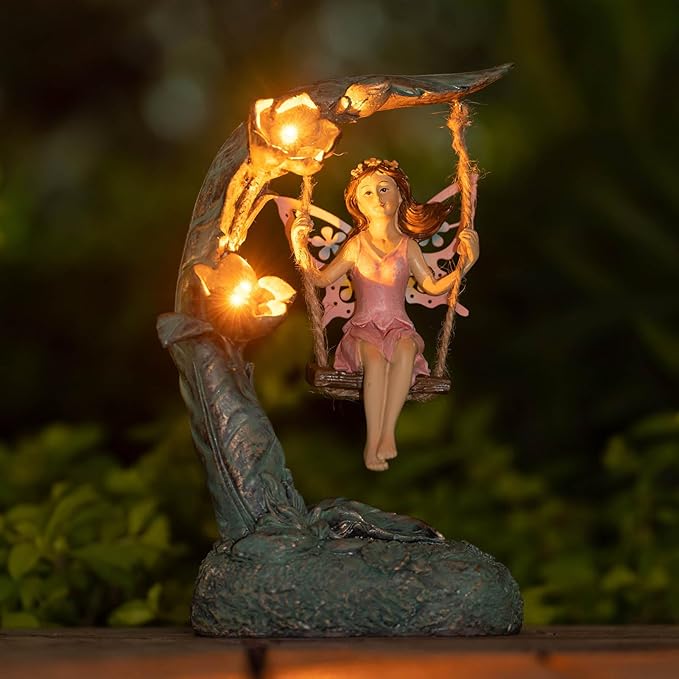 Garden Flower Fairy Outdoor Statue Decor Funny Swing Fairy Ornaments Figurines for Patio Lawn Yard Porch Outside Garden Gifts9.05 Inches Tall ﻿ ﻿ ﻿