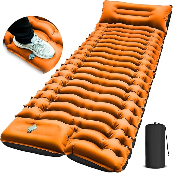 Camping Sleeping Pad Ultralight Camping Pad with Pillow Built-in Foot Pump Inflatable Sleeping Pads Compact for Camping Backpacking Hiking Traveling - Orange