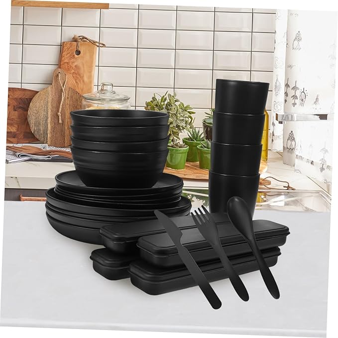 4sets Camping Cookware Cutlery Bowl Plate Cup Black Utensils Case for Outdoor Rv