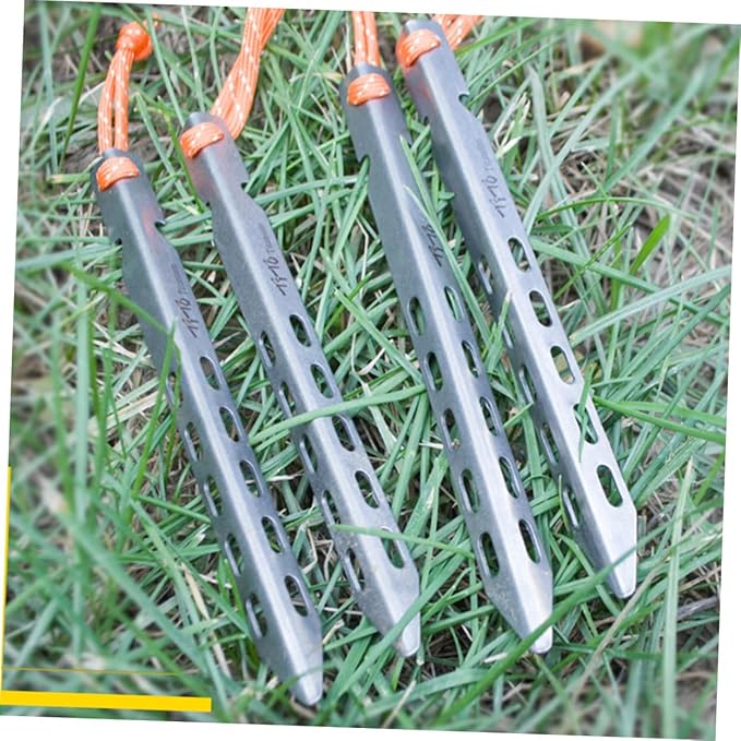 1Set Titanium Alloy Camping Tent Stakes Windproof V Shaped Ground Pegs for Secure Tenting Hard Surfaces Lightweight and Durable with Carry Pouch