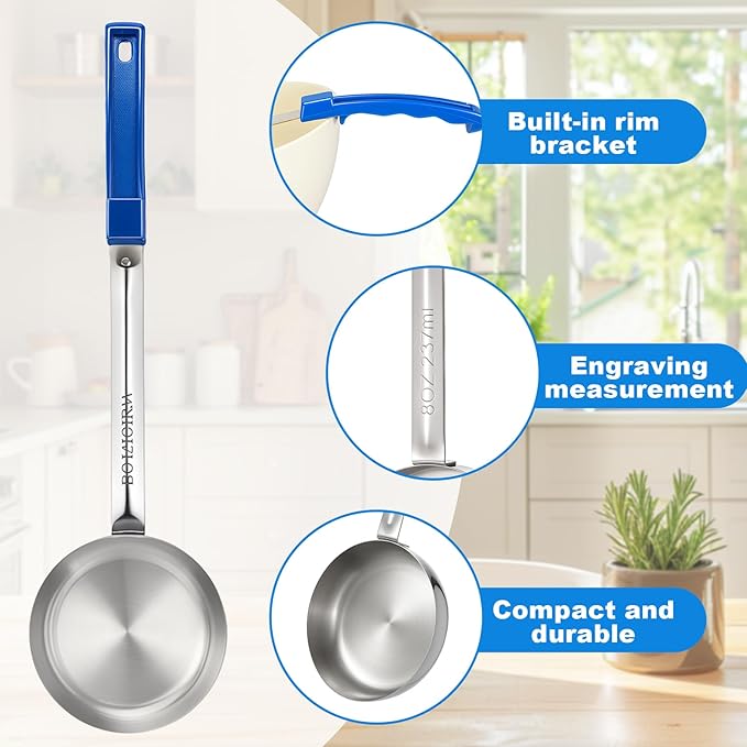 8 Pcs 8oz Portion Control Serving Spoons Unslotted Portion Scoops for Food with Blue Handle Stainless Steel Serving Utensils Set for Restaurant/Weight Loss/Baking