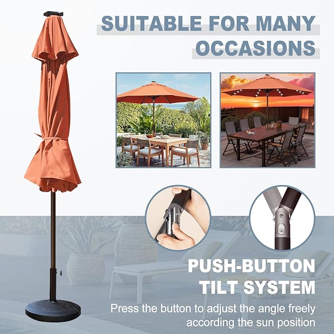 EliteShade USA 10-Year-Non-Fading 10Ft Market Umbrella with 80 LED Lights Patio Umbrella Outdoor Table Umbrella with Ventilation（Rust）