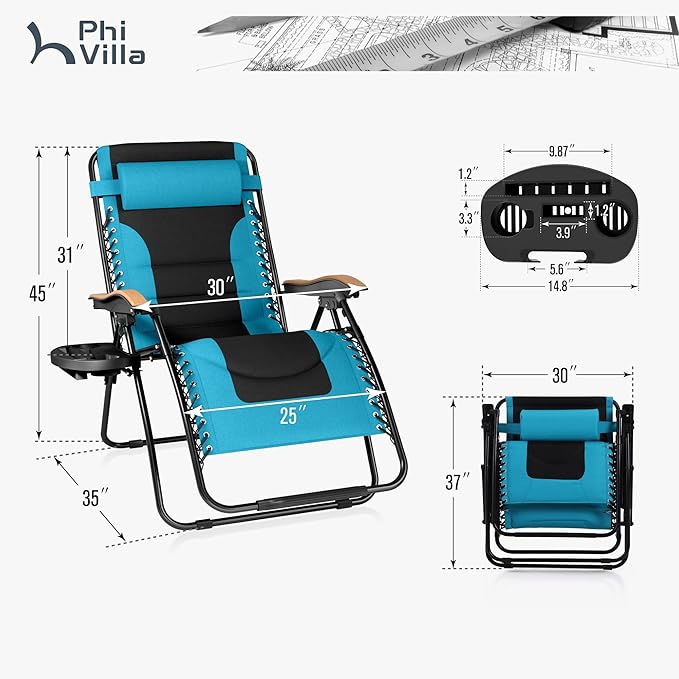 PHI VILLA XXL Oversized Padded Zero Gravity Chair Foldable Patio Recliner 30 Wide Seat Anti Gravity Lounger with Cup Holder Support 400 LBS (Aqua)