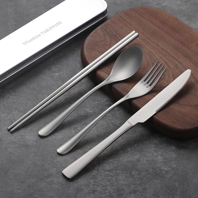 Titanium utensil travel set portable lunch silverware set with box including titanium chopsticks spoon fork knife reusable suitable for office and outdoor dining (Titanium gray 4-piece set)