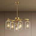 6 Light Gold Dining Room Light FixtureModern Farmhouse Kitchen Chandeliers Over TableAdjustable Height Hanging Pendant Lighting for Kitchen Island with Glass Shade
