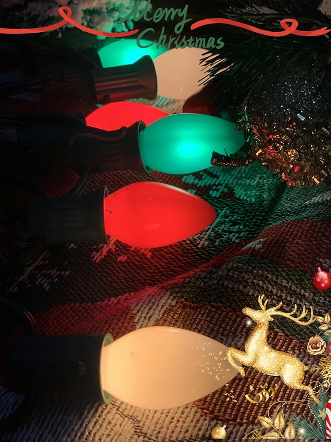 SUNSGNE C7 LED Christmas Lights Outdoor 25ft Vintage Christmas String Lights with 27 Red Green White LED Bulbs(2 Spare) for Patio Balcony Garden Roofline Decor E12 Base Socket
