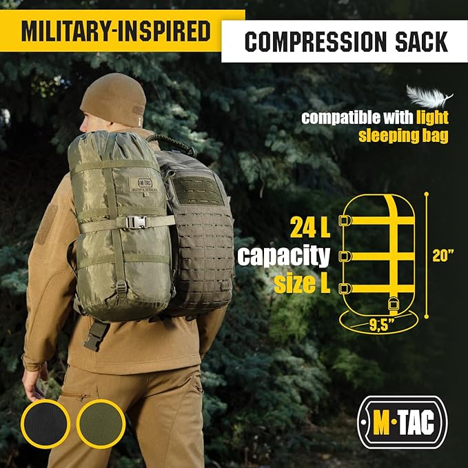 M-Tac Compression Stuff Sack + 24 Inch Bungee Cords (Set of 2) – Military Waterproof Compression Bag with Elastic Ropes and Durable Metal Hooks for Sleeping Bag Travel Camping Hiking Outdoor Gear