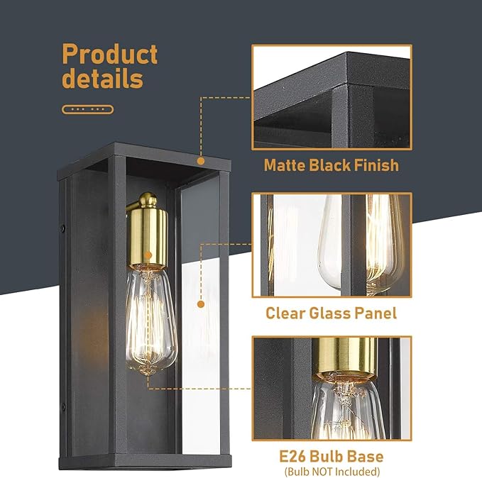 Outdoor Wall Light Exterior Lighting Fixtures Porch Light Wall Mount Lantern Sconce Matte Black &amp Brass Finish with Clear Glass Modern Wall Light for Front Door Garage 1 Pack