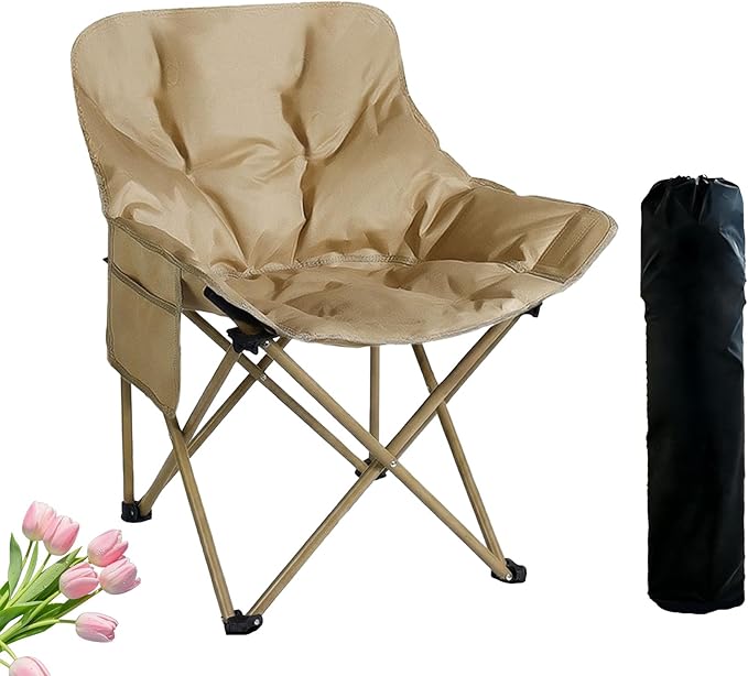 Outdoor 3-Layer Padding High Back Moon Chair with Thick Cotton 600D Oxford Fabric Portable Folding Camping Chair with Side Pocket Supports up to 300lbs (Brown)