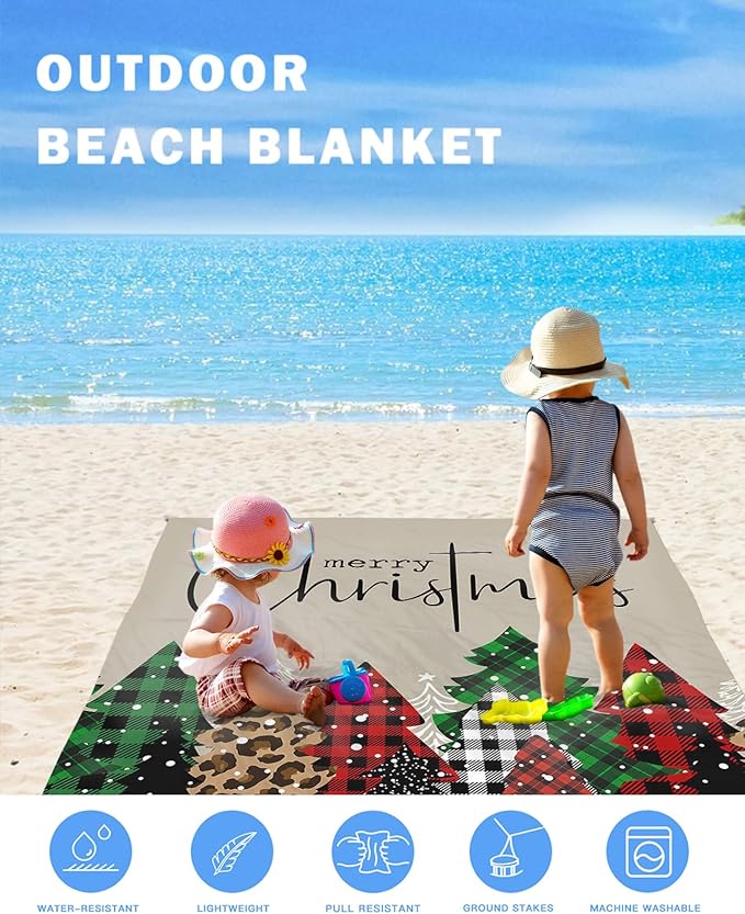 Beach Blanket Waterproof Sandproof Christmas Tree Red Black Buffalo Plaid Quick Drying Beach Mat with 4 Stakes Watercolor Leopard Xmas Trees Lightweight Picnic Blanket for Travel Camping 108x84
