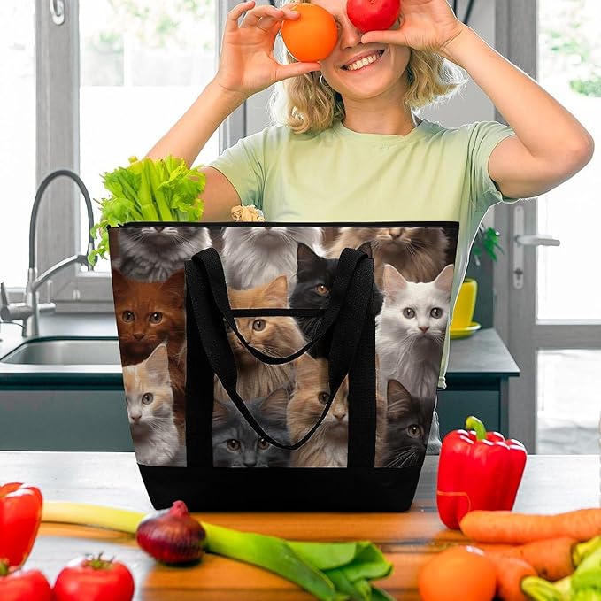 Insulated Shopping BagLarge Reusable Cooler Bags Cat Collection Printed Foldable Shopping BagTravel Waterproof Shoulder Bag