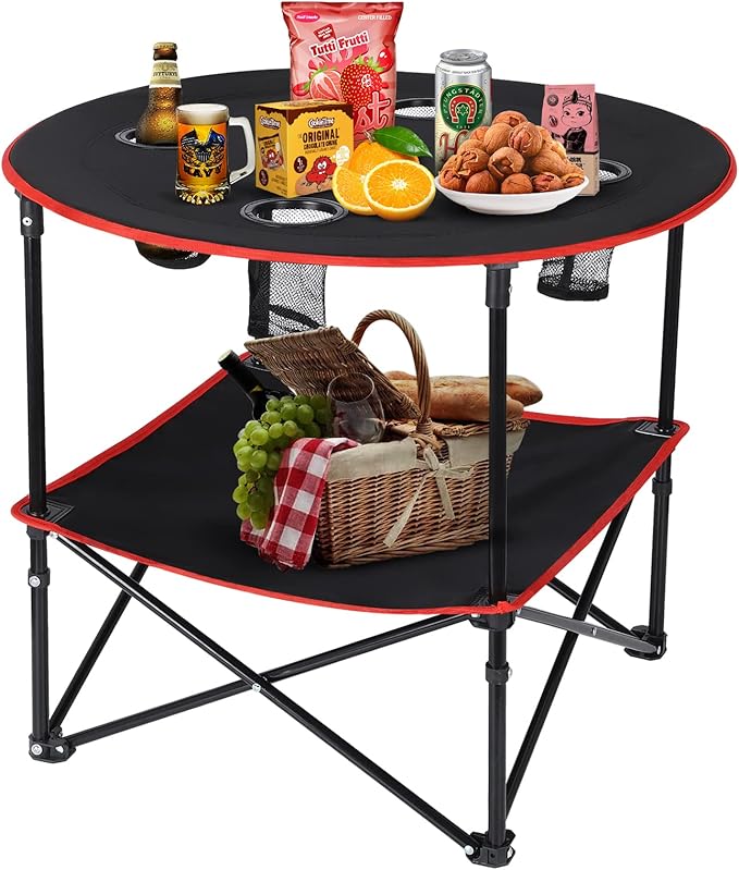 Camping Table Portable Folding Camping Side Table for Outdoor Picnic Beach Games Camp &amp Patio Tables Folding with 4 Cup Holders &amp Carry Case for Travel &amp Storage Premium 600D Canvas&a
