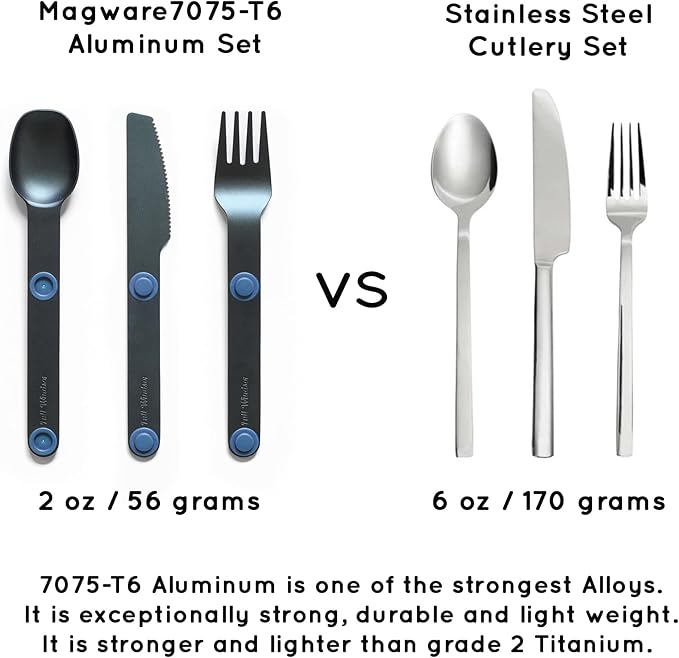 FULL WINDSOR - MAGWARE Magnetic Camping Cutlery Set - Travel Utensils for Camping Cooking and Outdoor Dining - Knife Fork &amp Spoon - Portable Silverware with Pouch - Blue (3 PCS)