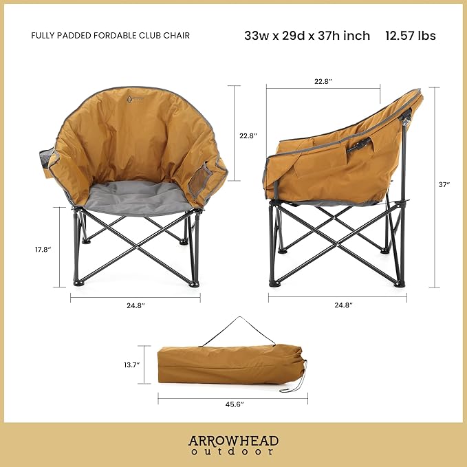 ARROWHEAD OUTDOOR Oversized Heavy-Duty Club Folding Camping Chair with Pocket Cup Holder Portable Padded Moon Round Saucer Supports 330lbs Carrying Bag
