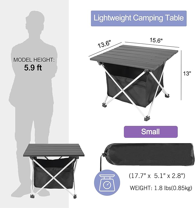 Grope Portable Camping Table Ultralight Aluminum Camp Table with Storage BagBeach Table for Sand with Carrying BagPrefect for OutdoorPicnicBBQCookingFestival (Black with Storage Bag-S)