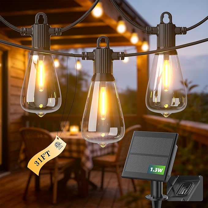 31FT Solar String Lights Outdoor Waterproof IP65 with USB-Charging  Solar Powered LED Patio Lights with 15+1 Shatterproof ST38 Edison Bulbs Hanging Lights for Outside Backyard Garden Bistro Gazebo