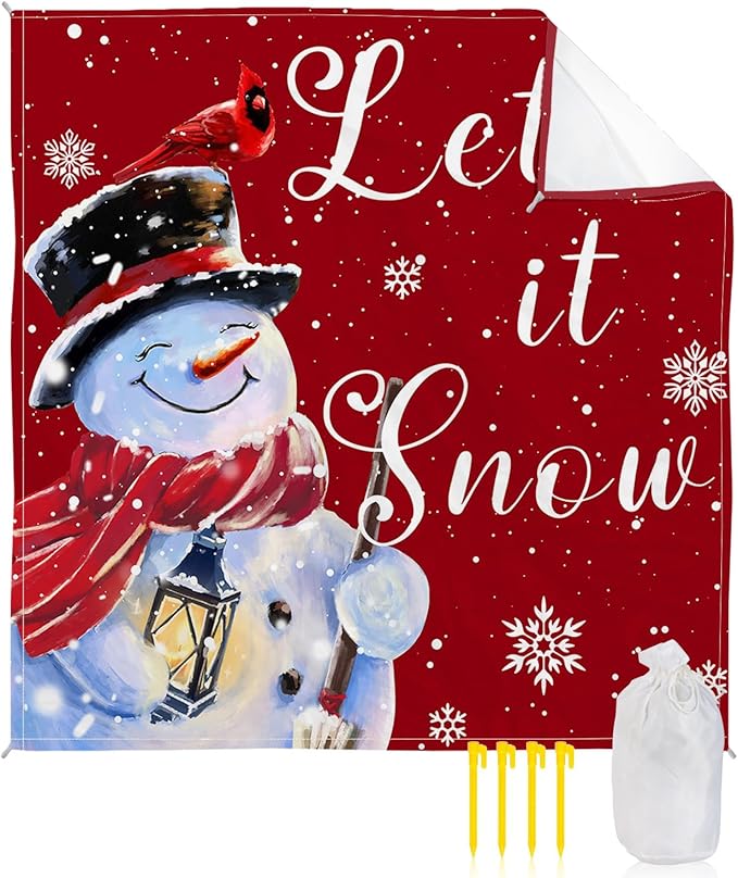 Beach Blanket Waterproof Sandproof Christmas Snowman with Red Bird Quick Drying Beach Mat with 4 Stakes Winter Snowflake on Red Lightweight Picnic Blanket for Travel Camping Outdoor 83x79