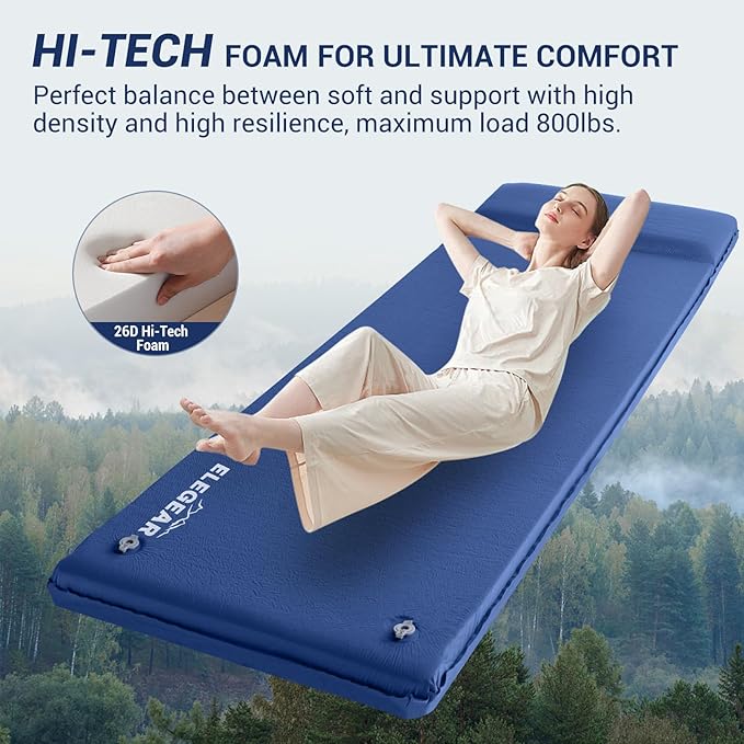 Elegear CumbreX™ Self Inflating Sleeping Pad 3.15 Ultra-Thick Memory Foam Camping Pad with Pillow Fast Inflating in 20s Insulated Camping Mattress Pad 4-Season Camp Sleeping Mat for Camp/Travel/Tent