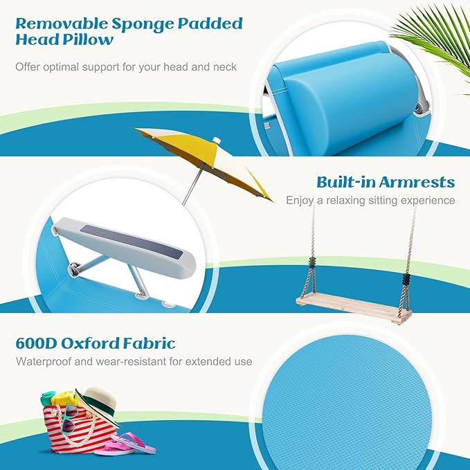 Goplus Beach Chair 330lbs Folding Backpack Chairs for Adults with 5-Position Backrest Storage Pockets Towel Bar &amp Headrest Foldable Low Beach Lounge Portable Aluminum Lay Flat Camping Chair