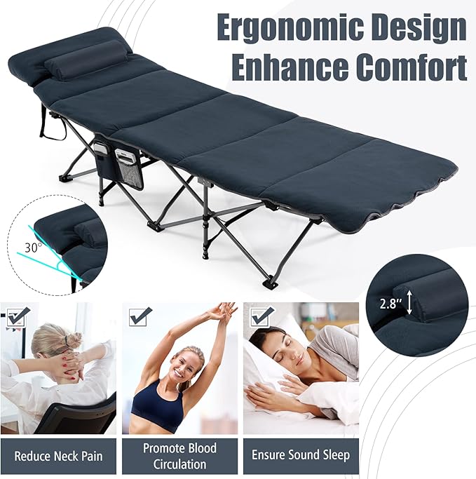 Goplus Camping Cot Folding Camping Cot with Mattress Pillow Carry Bag Storage Pocket Camping Bed Military Cot for Home Office Nap Hiking Heavy-Duty Portable Sleeping Cot for Adults Kids (Blue)