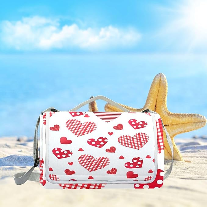MNSRUU Picnic Blanket Waterproof Foldable Dotted Heart Large Outdoor Picnic Beach Camping Blanket Travel Mat Shoulder Strap Tote Rectangle 57x59in