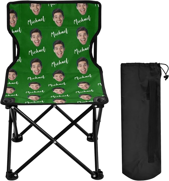 Sinestour Green Custom Photo Folding Camping Chair for Teen Child Personalized Name 14.6×14.6in Portable Outdoor Chair with Carry Bag for Barbeques Picnic Travel