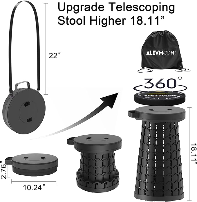 ALEVMOOM Upgraded Collapsible Stool with Cushion &amp Bag 18 H Portable Retractable Telescoping Folding Stool for Adults Lightweight But Sturdy Capacity 600 lbs for Camping Fishing Hiking Travel