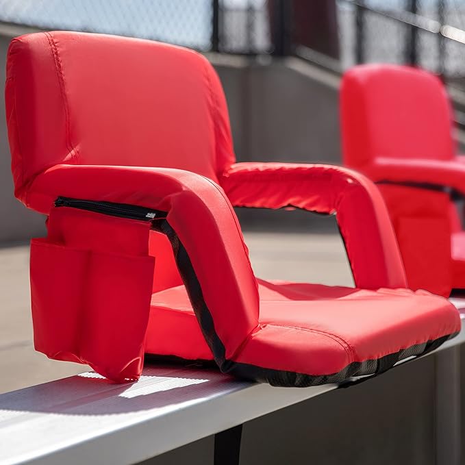 BizChair Set of 2 Red Portable Lightweight Reclining Stadium Chairs with Armrests Padded Back &amp Seat - Storage Pockets &amp Backpack Straps