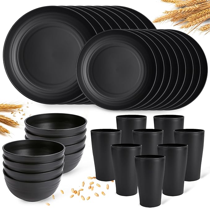 Black Plates and Bowls Sets for 8Wheat Straw Dinnerware Sets Black Plastic Reusable Dishwasher Safe for Kitchen Halloween Camping32 Pcs Lightweight Unbreakable Plastic Dishes Set Outdoor