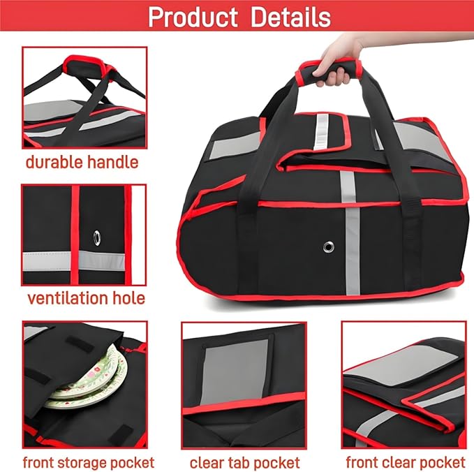 Insulated Pizza Delivery Bag 20''L x 20''W x 8''H Professional Thermal Pizza Warmer Bags Large Heavy Duty Pizza Carrier Hot Cold Food Delivery Bag for Delivery Bike Camping