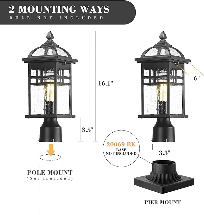 Emliviar 16 Inch Outdoor Lamp Post Light Fixture Modern Outdoor Pillar Light for Outside Waterproof Aluminum in Black Finish Seeded Glass DE281P BK