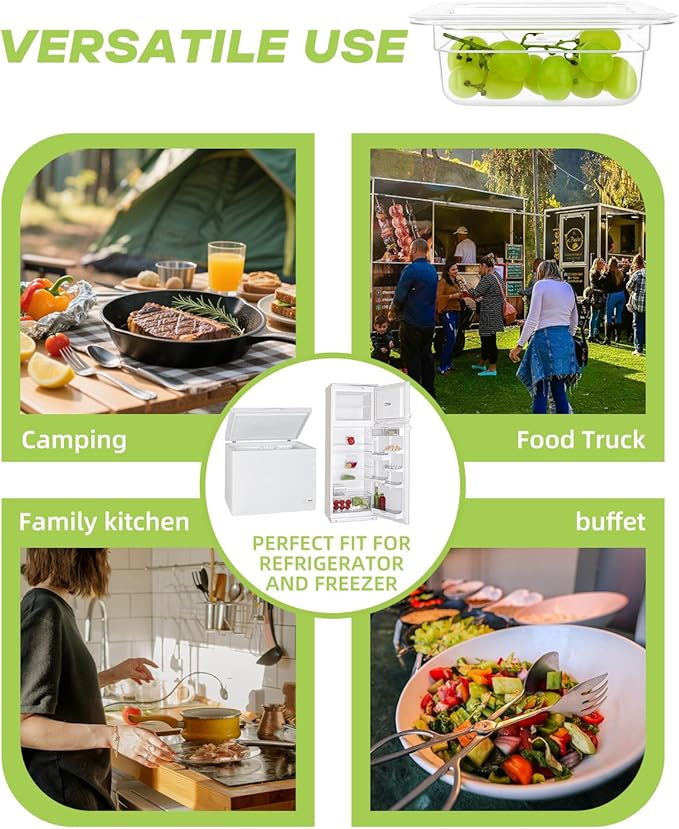 6 Pack Food Pan with Lids1/6 Size Shatterproof Stackable Plastic Hotel Food Pan for Party Catering Home kitchens Meal Prep-40°F to 212°F (1.1QT(1.1L) 1/6 size 2.5 deep)
