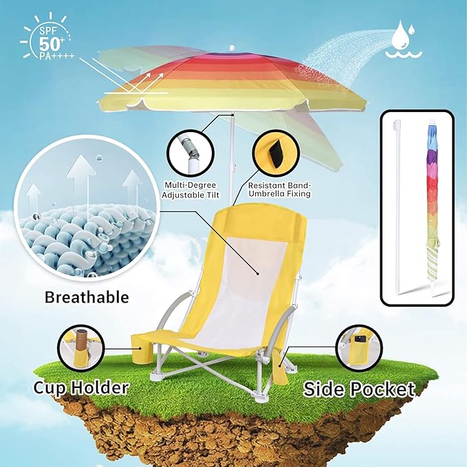 Beach Chair Beach Folding Chair for Adults Camping Chair High Back with Umbrella and Cooler Bag Huge Shade Portable &amp Lightweight for Beach Outdoor Camping (1 Fresh Banana Yellow)